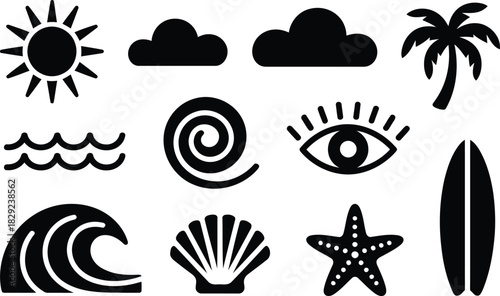 Arrangement of black silhouette icons symbolizing summer beach vacation activities and natural elements