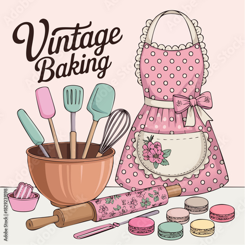 vintage baking ensemble with floral apron, pastel tools, and sweet macarons in whimsical harmony