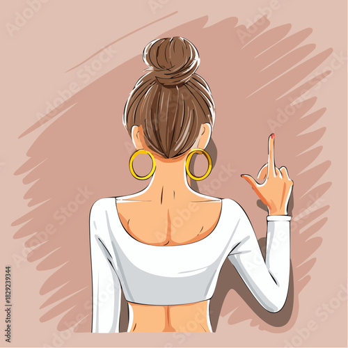 bold backview attitude with hoop earrings and expressive gesture on abstract neutral brushwork