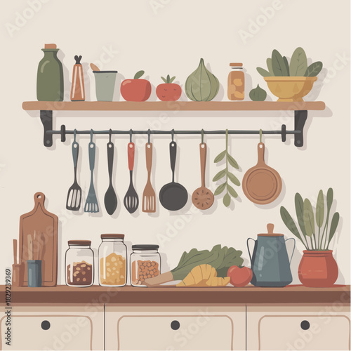 cozy kitchen harmony with herbs, grains, and colorful cookware in a curated culinary vignette
