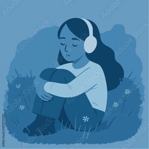 calm reflective moment in soothing blue hues with a quiet girl listening and unwinding in a peaceful outdoor space