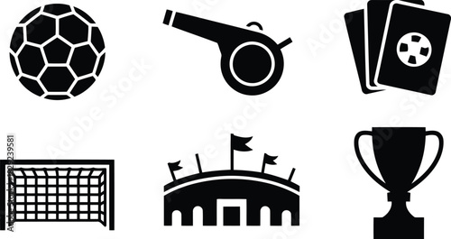 Black silhouette symbols featuring various elements associated with professional soccer and football games