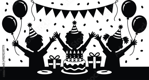 Black silhouette of happy children celebrating a birthday party with cake, presents, and dishes