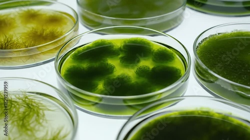 Algae growth in petri dishes, a scientific study, exploration of future biofuels on display.