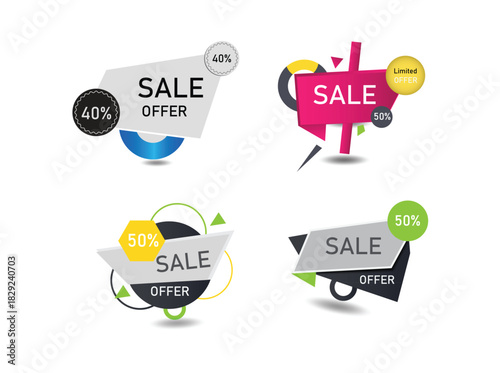 A vibrant set of modern, abstract sale and offer badges with various discount percentages. Perfect for promotional advertising, e-commerce, and marketing campaigns to attract customers.