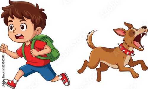 Cartoon boy chased by barking dog vector illustration, frightened child, aggressive pet, motion lines, outdoor action, dramatic scene design
