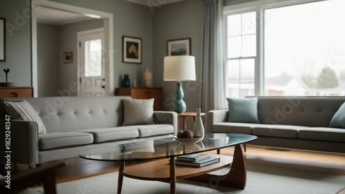 Wallpaper Mural Bright and inviting contemporary living room with comfortable grey sofas, a stylish glass coffee table, and large windows Torontodigital.ca