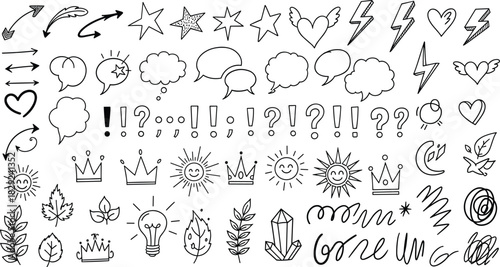 Hand-drawn doodle icon vector illustration, whimsical sketch symbols, arrows, stars, hearts, crowns, flowers, expressive elements for creative design
