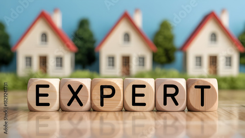 Wooden blocks spelling expert with miniature houses in the background representing real estate expertise and professional home buying and selling services offered