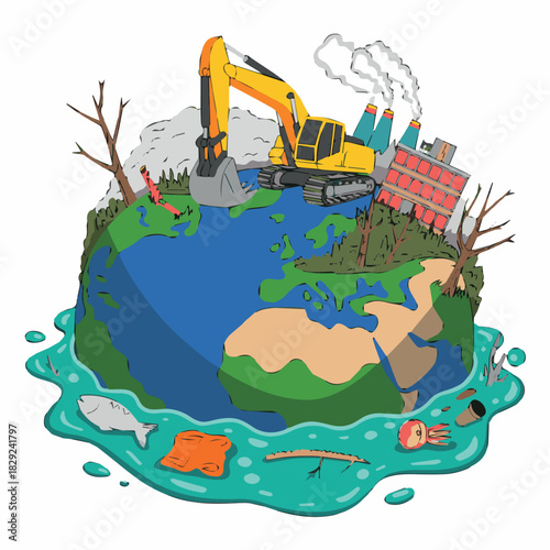 Illustration of environmental damage showing pollution and destruction of the earth globe art