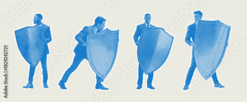 Stylised halftone silhouettes of business professionals carrying shields representing safety and risk protection