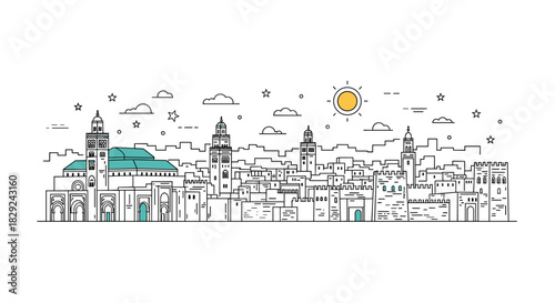Panoramic line art illustration of a city skyline with minarets and sun.