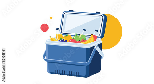 Open cooler filled with refreshing fruits and bottles of drinks on a white background with colorful circles.