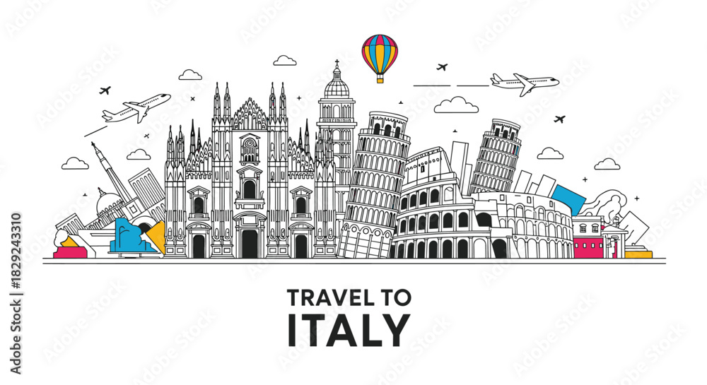 Naklejka premium Outline illustration of famous Italian landmarks and a hot air balloon with travel to Italy text.
