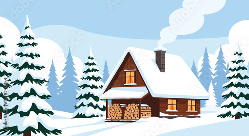 A cozy wooden cabin nestled in a serene snowy forest landscape with smoke rising from its chimney, evoking a warm winter feeling.