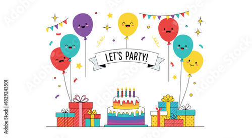 Festive birthday illustration with colorful balloons, gifts, and a cake, celebrating a party with confetti and banners.