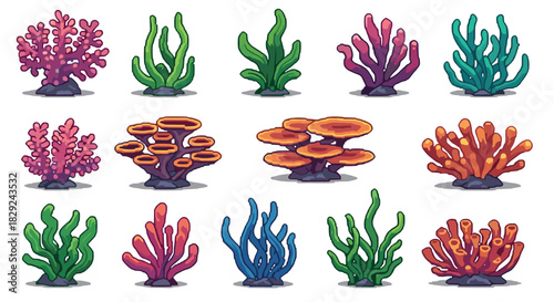Collection of colorful pixel art marine plants and corals, perfect for underwater game environments and digital design projects.