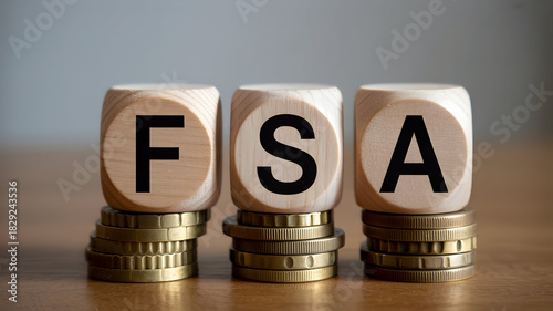 Wooden blocks spelling fsa on stacks of coins represent flexible spending account healthcare savings and financial planning for medical expenses and tax advantages