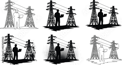 Electrical transmission towers with laptop inspector, silhouette style, vector illustration, infrastructure monitoring, fieldwork technology, engineering concept, digital art