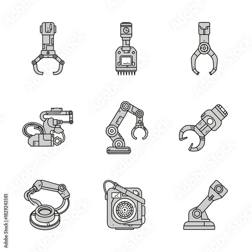 Diverse collection of robotic arms and industrial grippers showcasing automation technology and precision engineering for manufacturing and innovation