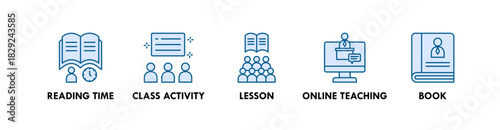 Teaching banner web icon illustration concept with icon of reading time, class activity, lesson, online teaching, and book
