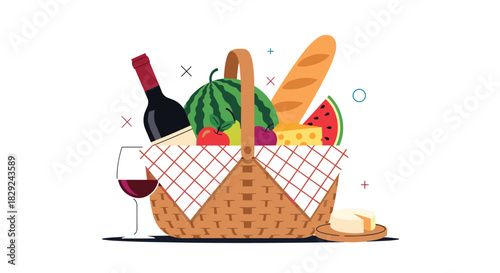 A delightful picnic basket filled with fresh fruits, cheese, wine, and bread, ready for a sunny outdoor meal.