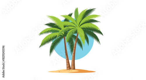Two palm trees stand tall on a sandy island with a light blue circle behind them.