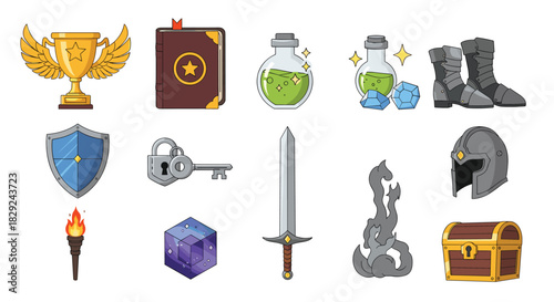 Set of pixel art game assets including a trophy, book, potions, boots, shield, key, sword, torch, cube, helmet, treasure chest, and smoke.