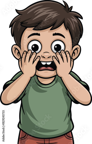 Cartoon illustration of a young boy looking very shocked and scared with wide eyes