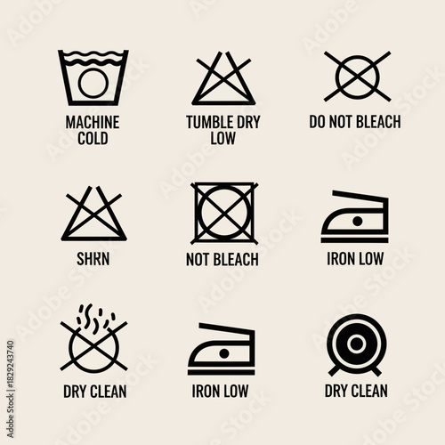 Essential laundry care symbols for garment instructions, detailing washing, drying, bleaching, and ironing guidelines for professional textile labeling.