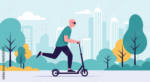 A bald man wearing sunglasses rides a kick scooter on a paved pathway through an urban park, with a modern city skyline visible in the background on a bright day.