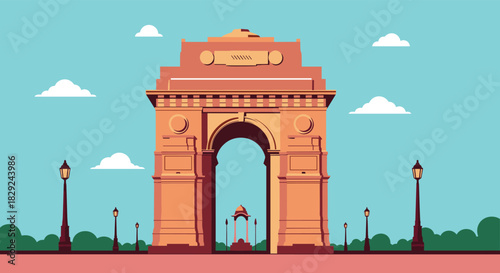 India Gate stands tall against a serene sky, a landmark monument in New Delhi, with surrounding greenery and vintage lamps casting a peaceful ambience.