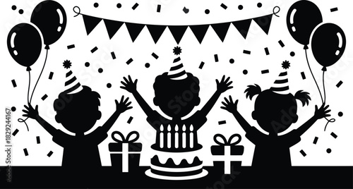 Cheerful children in party hats enjoying a birthday celebration surrounded by gifts and balloons