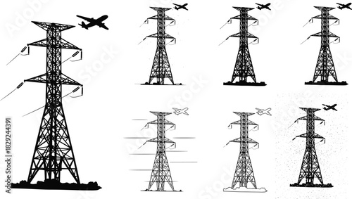 Electricity pylon vector collection, detailed power tower illustrations with airplane, industrial energy infrastructure artwork, creative silhouette graphics for stock design