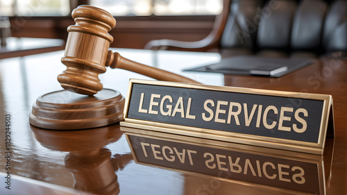 Wooden gavel and a sign that reads legal services sitting on a shiny wooden desk in a law office symbolizing justice law and the legal profession