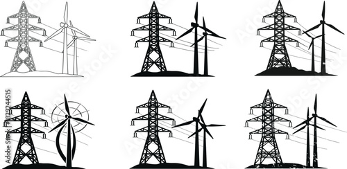 Electricity pylons and wind turbines generating clean renewable energy, industrial power infrastructure landscape illustration for environmental sustainability and green technology