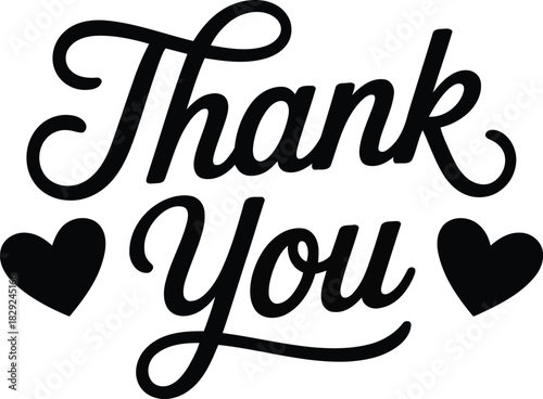 Classic black script lettering expressing Thank You with two distinct heart symbols beautifully displayed on a pure white canvas