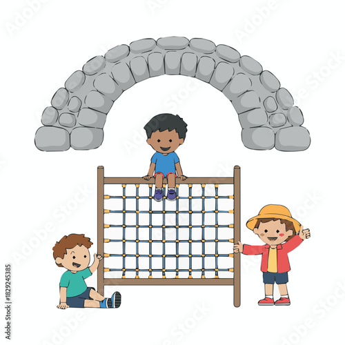 Children playing on playground equipment with stone arch climbing net and happy kids having fun outdoors
