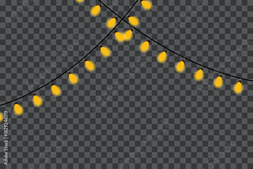 Yellow string lights glowing on a transparent background, festive decoration