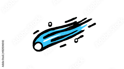 Hand-drawn blue comet or meteor illustration icon. Fast celestial body with energetic trail streaking through space doodle graphic.