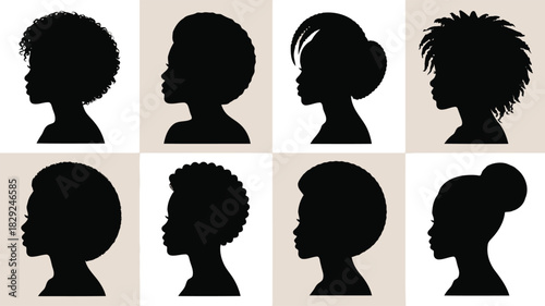 Eight striking black female profiles showcasing a diverse range of beautiful and unique hairstyles