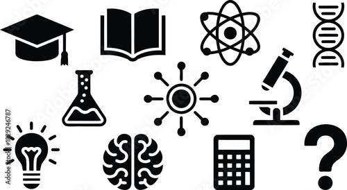 Essential black science and education icons representing knowledge, discovery, learning, and critical thinking concepts