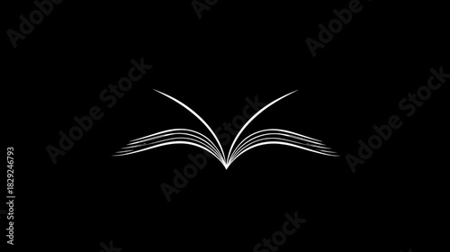 Abstract white line art of an open book on a black background, symbolizing knowledge, education, learning, and storytelling