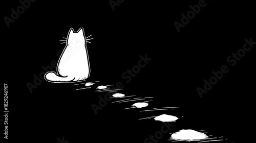 Minimalist hand-drawn illustration of a solitary white cat sitting on a black background with a trail of paw prints