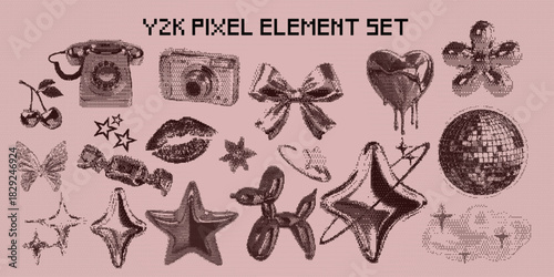 Aesthetic Grunge Y2K Retro Stipple Element with Telephone, Camera, Bow, Stars, Heart, Ball Disco in Pixel Halftone Dot Style