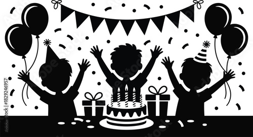 Festive silhouette of happy kids celebrating a birthday with cake presents and balloons