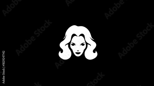 Elegant Abstract Monochrome Vector Illustration of a Woman's Face with Wavy Hair on Black Background