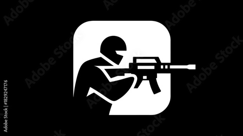 Stylized White Silhouette Icon of a Masked Person Holding a Rifle on Black, Ideal for Gaming, Security, and Action Concepts