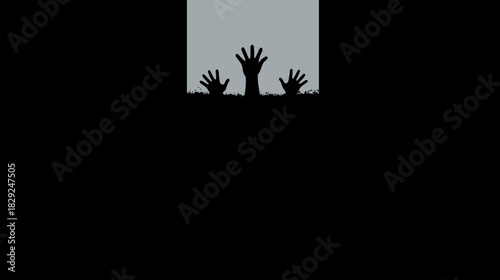 Silhouettes of hands reaching up from dark abyss, seeking help or escape. Concept of fear, struggle, despair, and crisis.