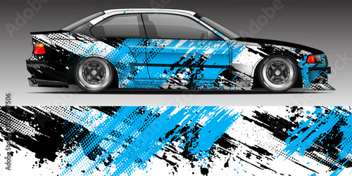 Illustration vector grahic of Car wrap decal with abstract design. Black blue colour. Livery car editable. Mockup template sticker vinyl for racing, rally, or daily use.